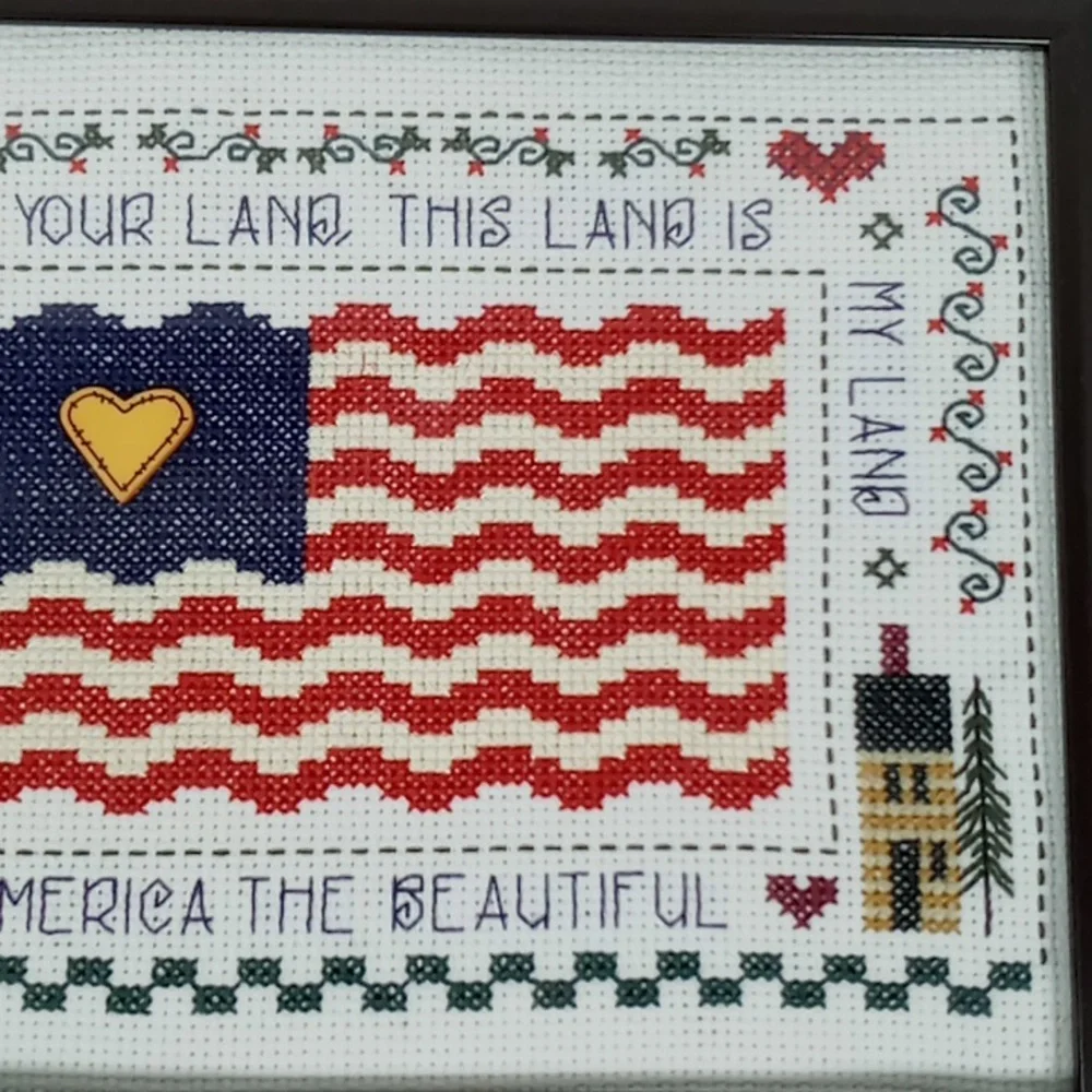 Vintage Framed Cross Stitch "America The Beautiful" American Flag Patriotic - Picture 7 of 13
